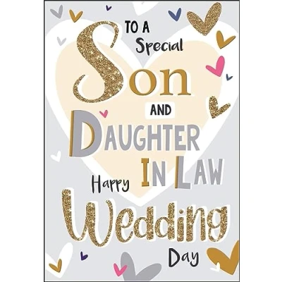Image of Jonny Javelin Son and Daughter In Law Wedding Congratulations Card Love Hearts with Flittered Foil Finish