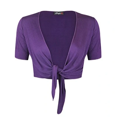 Image of STAR FASHION Women Cap Sleeve Bolero Shrug Tie Up Front Cropped Cardigan Short Sleeves Top Purple UK 12 14