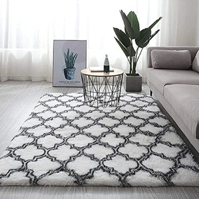 Image of Calore Area Rugs Soft Fluffy Shaggy Living Room Modern Plush Rug High Pile Non Slip Bedroom Carpet Floor Mat (White, 120 x 160 cm)