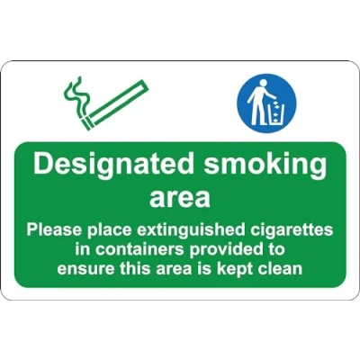 Image of Designated smoking area please keep this tidy Safety sign 3mm Aluminium 300mm x 200mm Case (Pack of 2)