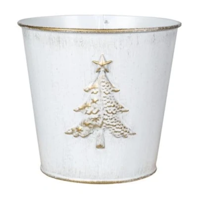 Image of Fyne Finds Metal Christmas Tree Embossed Plant Pot 18cm, 7inch Tin Pail Planter 2.1L Gold White Decor Xmas Gift (1)
