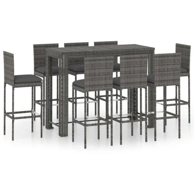 Image of vidaXL 9 Piece Garden Bar Set with Cushions Poly Rattan Grey
