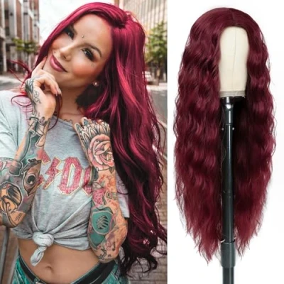 Image of PORSMEER Long Wavy Wine Red Wigs for Women Middle Part Fluffy Curly Wig Natural Looking Synthetic Heat Resistant Fiber Hair Replacement Daily Party Use (Burgundy)