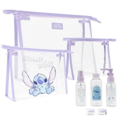 Image of Disney Stitch Travel Essentials Set, Makeup Bags Refillable Bottles and Cosmetic Pots Holiday