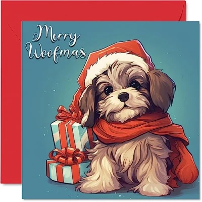 Image of Dog Christmas Cards for Women Men Woofmas Merry Xmas Card Sister Brother Cousin Uncle Auntie Mum Dad Nan Grandad, 145mm x Single Greeting Gift