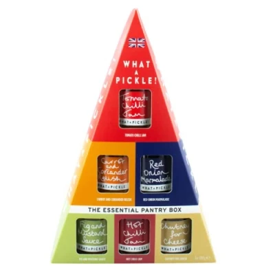 Image of What A Pickle Essential Pantry Box (6 x 100g) Gluten Free &amp; Vegan, Tomato Chilli Jam, Carrot Coriander Relish, Red Onion Marmalade, Fig Mustard Sauce, Hot Chutney for Cheese