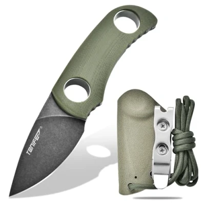 Image of TONIFE Fixed Blade Knife 4.8cm, Mini Neck with Kydex Sheath and Cord, EDC Portable for Outdoor Survival (Green+Black Oxide then Stonewash)