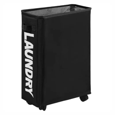 Image of Easy Funny Slim Rolling Laundry basket On Wheels Waterproof Foldable Corner Storage Bins Flexible Collapsible Bag Sorter 39x18.5x58cm (Black)