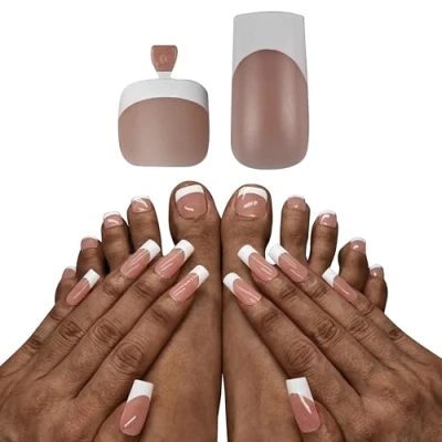 Image of NOVO OVO French Tip Hand and Toe Nail Tips Press on kit, BROWN PINK Square Soft Gel Extension, Round Toenails, Pre applied Primer &amp; Base Coat, Full Cover Matte for DIY x 15 Sizes