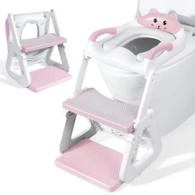 Image of Orzbow Adjustable Potty Training Toilet Seat with Steps,Stable Toddler and Step w/Triangle Structure,Extended Pedal &amp; Splash Guard Waterproof PVC Cushion,Anti Slip Lightweight,Pink