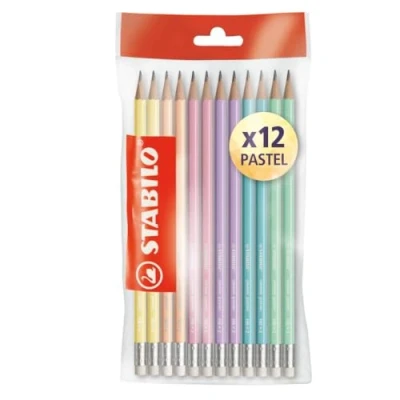 Image of Stabilo Graphite HB Pencils with Eraser, 6 Pastel Colours, Pack of 12