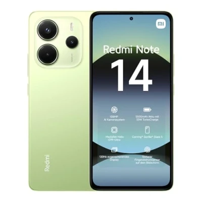 Image of Xiaomi Redmi Note 14 smartphone, 6+128GB, green, 108MP AI camera system, 5500mAh battery, 120Hz eye care display, features (no charger included), 2 year Warranty