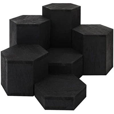 Image of BELLE VOUS 6 Pack of Black Wooden Hexagon Display Risers Wood Showcase Stands for Shelves and Countertops Step Plinths Jewellery, Retail, Figures, Cupcakes Desserts