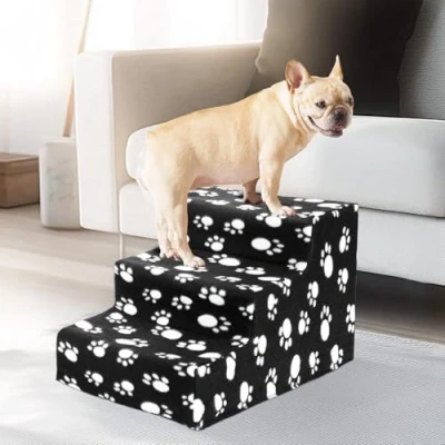 Image of CROWNSHOP 3 Steps Dog Ramp 45x35x30cm Non Slip Pet Stairs for Small Dogs and Cats Sofa (Black, 45x35x30cm, 3)