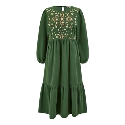 Image of Yumi Green Long Sleeve Midi Dress with Floral Embroidery Bodice 16