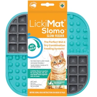 Image of LickiMat Slomo, Cat Slow Feeder Lick Mat, Boredom Anxiety Reducer; Perfect for Food, Treats, Yogurt, or Peanut Butter. Fun Alternative to a Feed Bowl Dish, Turquoise