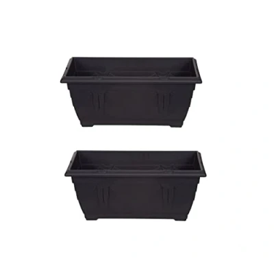 Image of Set Of 2 Venetian Window Box Trough Planter Small 40cm Plastic Flower Plant Pot Black Colour