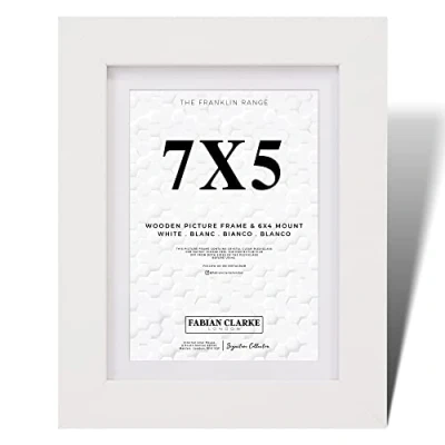 Image of Fabian Clarke London® 7X5 Modern White Wooden Picture Photo Frame with 6x4 Mount Includes Safety Glass Front Hang Portrait or Landscape