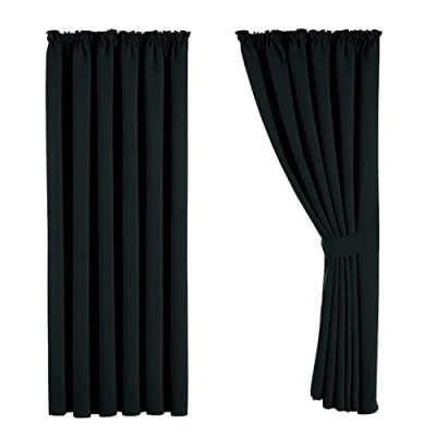 Image of Aspire Homeware Blackout Curtains for Living Room Pencil Pleat Black Bedroom Tape Top 66 x 72 Drop Super Soft Thermal Insulated Window Curtain Drapes Pair Panel + Tiebacks