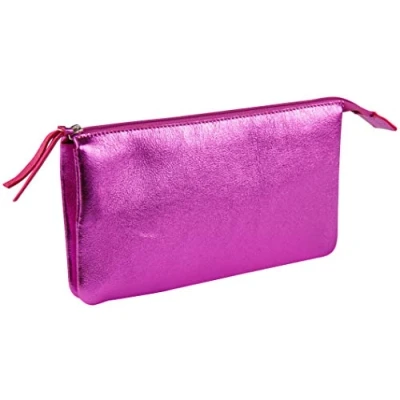 Image of Clairefontaine Ref 400022C Cuirisé&#039; Leather Large Pencil Case With 2 Compartments 22 x 11cm, Made From Genuine Lambskin Leather, Metal Zip Puller Raspberry