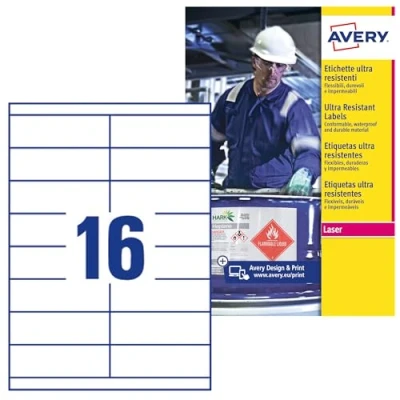 Image of Avery B5274 50 (52.5 x 74.3mm) Extra Strong Adhesive, Ultra Heavy Duty Industrial Waterproof GHS Labels, 16 Labels Per A4 Sheet