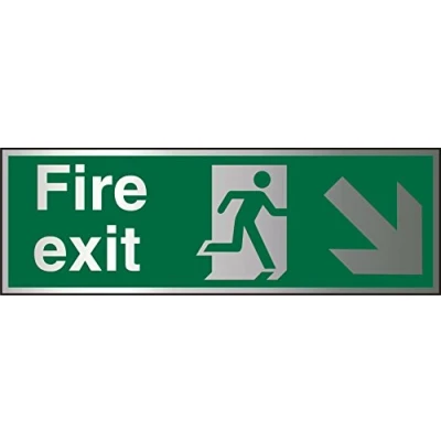 Image of Seco Fire Exit Exit, Man Running Right, Arrow Pointing Down &amp; Right Sign, 300mm x 100mm 1.5mm Brushed Aluminium Composite