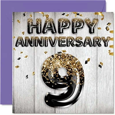 Image of Awesome Willow Anniversary Card for Husband Boyfriend Wife Girlfriend Black Gold Glitter Balloons Happy 9th Cards from Family, 145mm x Greeting Ninth Anniversaries