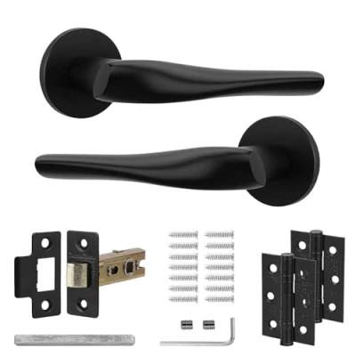 Image of Decoranddecor Black Door Handles Internal Aluminium Matt Handle Sets for Wooden Interior Doors with Mortice Latch and Hinge Nanda Range