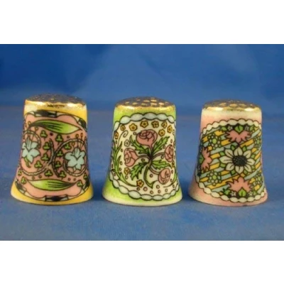 Image of Porcelain China Collectable Thimbles Set of Three Art Nouveau Gold Top