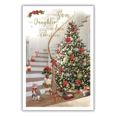 Image of ICG Son and Daughter In Law Christmas Card, Single Cards with a Cat Decorative Tree Festive Design Special Finishes Xmas Envelope