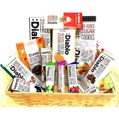 Image of Diabetic SugarFree Gift Set Hamper Box Basket Sweets Gummy Cookies Bar Bars Present Snack Sweet Suitable for All Occasions Fathers Mothers Day Birthday Christmas By PSN