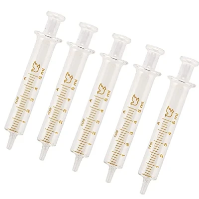 Image of 5 Pack Reusable Glass Syringes, 5ml Syringe Standard Diameter Caliber Injector Laboratory Sampler