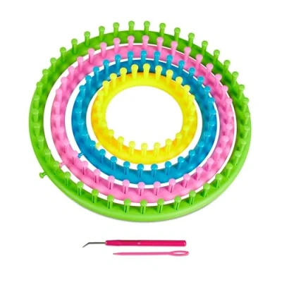 Image of Relaxdays Knitting Loom Set, 4 Frames, Round Rings, Children &amp; Adults, Hat Scarf, Ø 28cm, 24cm, 19cm, 14cm, Colourful, 100% plastic, 3.5 x 28 cm