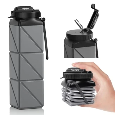 Image of Popdigito Collapsible Water Bottles,BPA Free Silicone Foldable Bottle with Straw Strap 20.6oz,Upgrade Leakproof Lid,Reusable Lightweight Sport Bottles For Travel Camping Hiking Outdoor