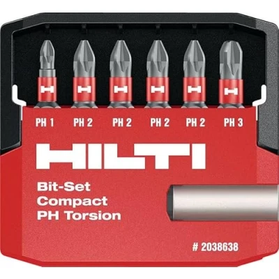 Image of Hilti 7 Piece Torsion Phillips (PH) Screwdriver Bits and Bit Holder Set S BSC PH 25/1&quot; T, Length: 25 mm, Professional Performance Accessories for Hex Insert (2038638)