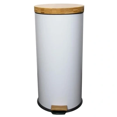 Image of KITCHEN MOVE Poubelle de cuisine à pédale FOREST 30L Mat blanc En acier inoxydable et bois avec seau