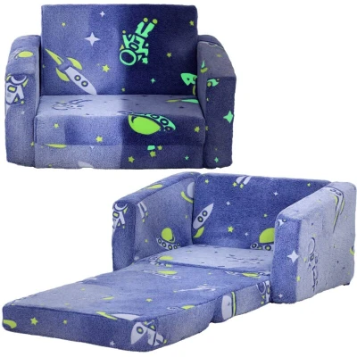 Image of AIYAPLAY Kids Sofa Bed, 2 in 1 Folding Bed Toddler Armchair with Glow The Dark Cosmic Design, Washable Cushion and Cover, Convertible Kid Chair to Lounger for 1.5 3 Years Old, Seater, Blue