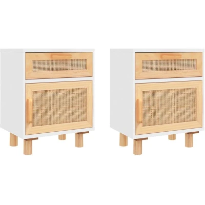 Image of vidaXL Bedside Cabinets 2 pcs White Solid Wood Pine and Natural Rattan