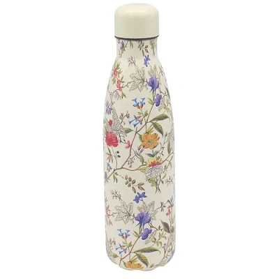 Image of Lesser &amp; Pavey William Kilburn Illustration Drinks Water Bottle Flask Cream Lid With Orange, Red and Blue Floral Design