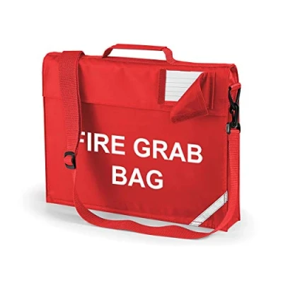 Image of School Evacuation Fire Grab Bag Printed Red Emergency Documents Shoulder Strap