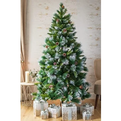 Image of Marco Paul 6FT Snow Tipped Xmas Tree with Pine Cones 180cm Premium Frosted Christmas Hooked 710 Tips Traditional Spruce Flocked Stand Realistic