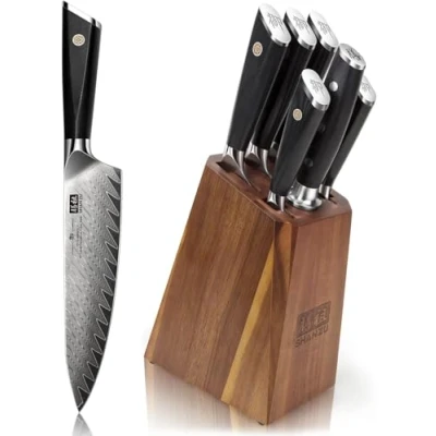 Image of SHAN ZU Damascus Kitchen Knives Set, 7 Piece Japanese Knife Sets with Block 67 Layers AUS 10V Steel Ultra Sharp Chef Set G10 Handle