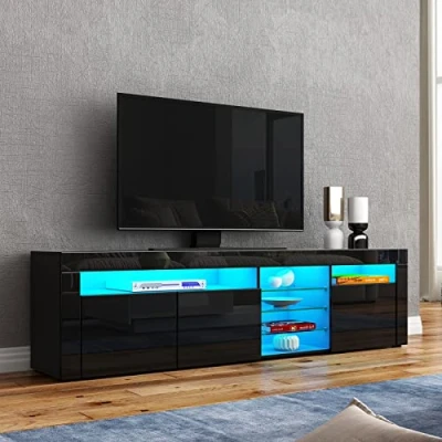 Image of AWOOOD 1800mm LED TV Cabinet Modern High Gloss Stand Storage Unit with 3 Doors &amp; Glass Shelves Sideboard for Living Room Bedroom Furniture, Black