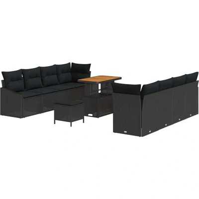 Image of Vidaxl 11 Piece Garden Sofa Set with Cushions Black Poly Rattan Acacia