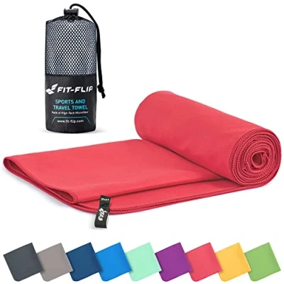 Image of Fit Flip Microfibre towel compact, ultra lightweight &amp; quick dry the perfect gym, travel beach swimming for sports, camping hiking (1x 40x80cm coral + 1 bag)