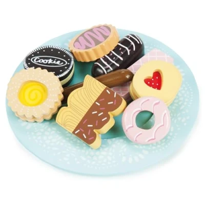 Image of Le Toy Van Educational Wooden Role Play Biscuit Set Pretend Afternoon Tea And Cakes Food, TV298