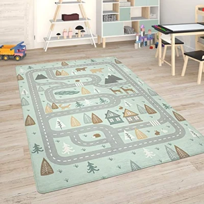 Image of Paco Home Kids Rug Children&#039;s Room Play Mat Baby Car Rug, Size:120x160 cm, Colour:Turquoise