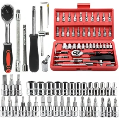 Image of YWHWLX 46 Pieces 1/4 in. Drive Ratchet Socket Wrench Set with Quick Release Ratchet,Includes Metric Bit Sockets and Extension Bar for Car Repair Home Maintenance
