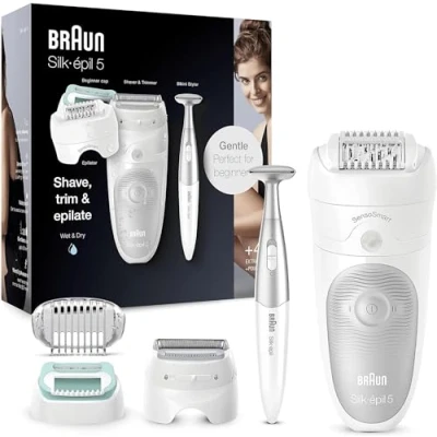 Image of Braun Silk épil 5 Beauty Set Women&#039;s Epilator for Women Hair Removal, Razor Attachments, Trimmer and Massage Body Includes Bikini Trimmer, Bag, Gift Women, 825, White/Grey