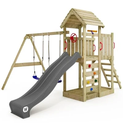 Image of WICKEY wooden climbing frame MultiFlyer with roof, swing set &amp; anthracite slide, Outdoor kids playhouse sandpit, ladder play accessories for the garden